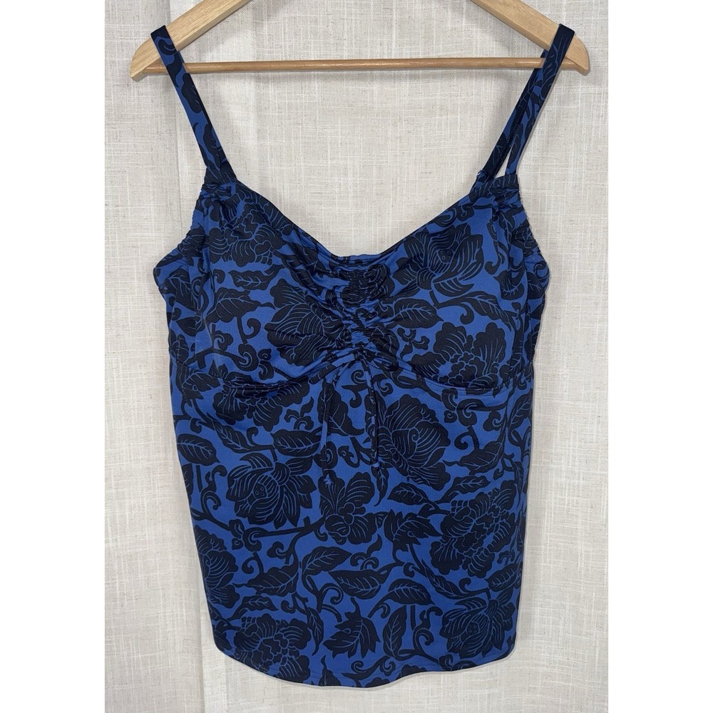 Lands End Women's Tankini Swim Top Sz 18 Blue Black Floral Adj. Straps Swimsuit